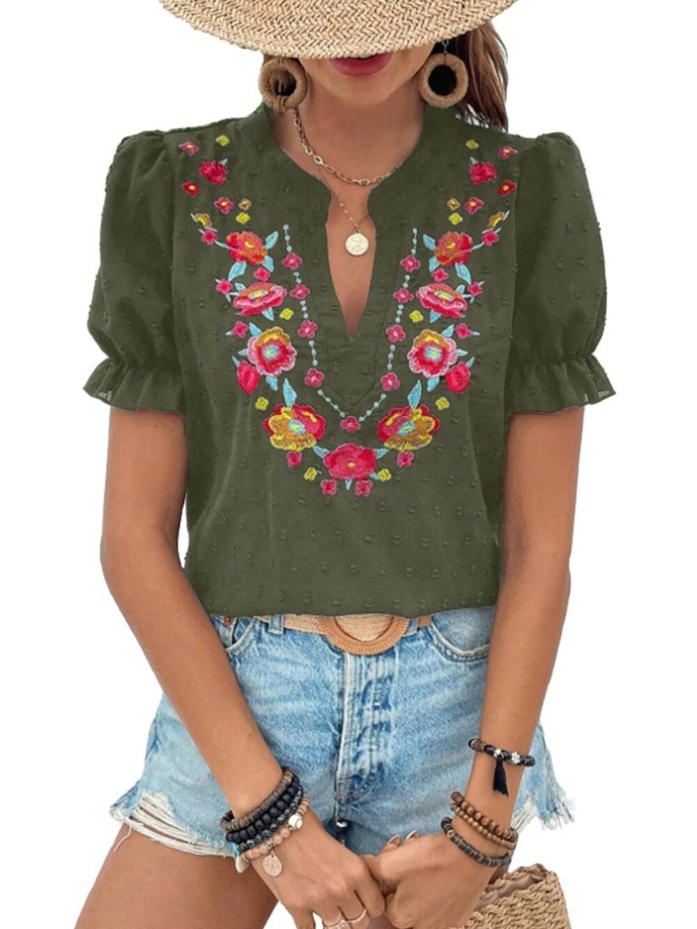 Women's Casual Floral Embroidered V Neck Boho Short Puff Sleeve Shirts Loose